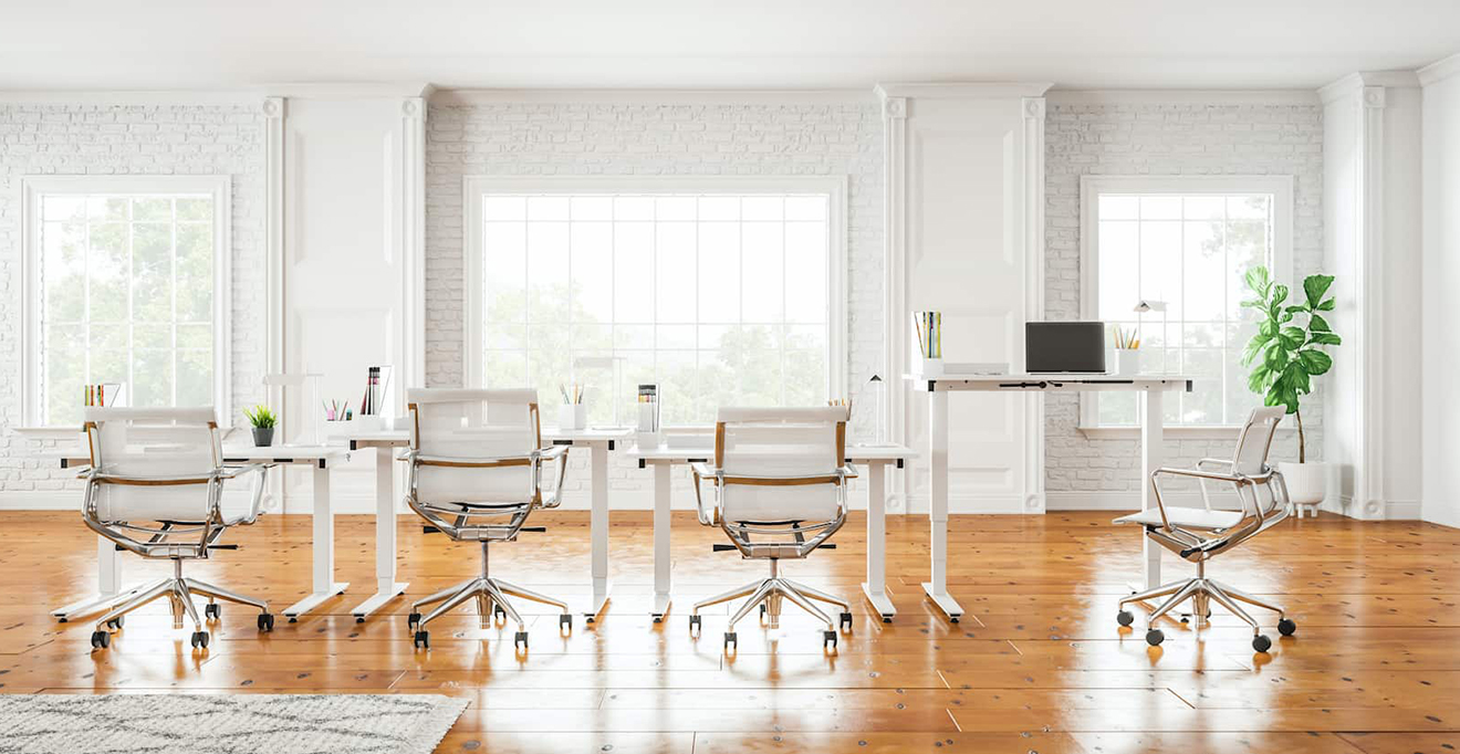 Lifestyle shot of a modern office, with sit-stand desks and ergonomic office chairs