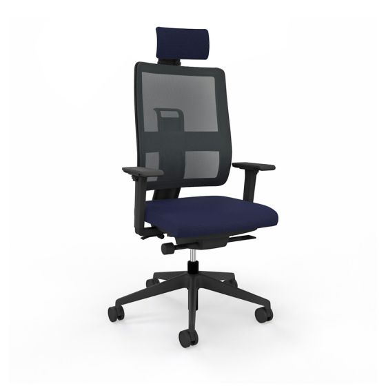 Toleo Mesh Back Navy Office Chair - front view with armrests, headrest and black mesh back