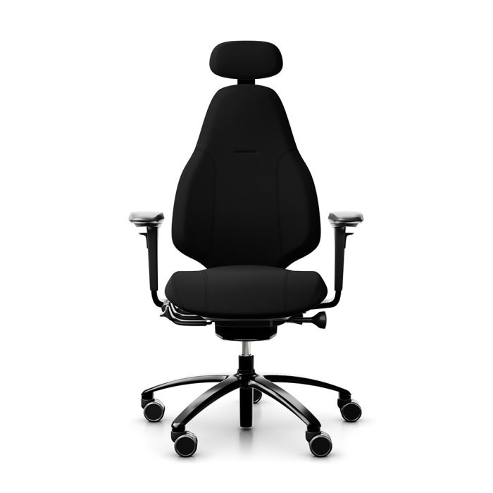 RH Mereo 220 Black Frame Ergonomic Office Chair - black, front view, with armrests & neckrest, and black base