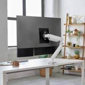CBS Flo X Monitor Arm - White, back angle view, lifestyle shot