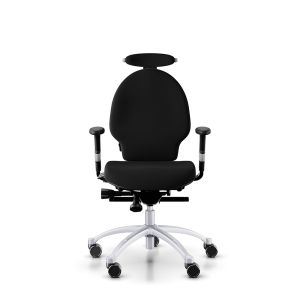 RH Extend 100 Ergonomic Office Chair - black, front view, with armrests & neckrest, and grey lacquered aluminium base