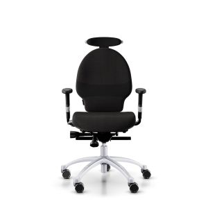 RH Extend 200 Ergonomic Office Chair - black, front view, with armrests & neckrest, and grey lacquered aluminium base