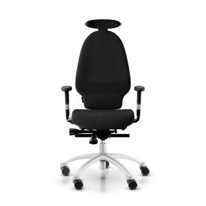 RH Extend 220 Ergonomic Office Chair - black, front view, with armrests & neckrest, and grey lacquered aluminium base