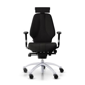RH Logic 300 Medium Back Ergonomic Office Chair - black, front view, with armrests & neckrest, and silver aluminium base