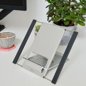 Slim Cool Laptop Stand - lifestyle shot, shown in use with a laptopn, keyboard and mouse