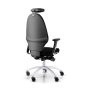 RH Extend 120 Ergonomic Office Chair - black, back angle view, with armrests & neckrest, and grey lacquered aluminium base