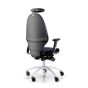 RH Extend 120 Ergonomic Office Chair - navy, back angle view, with armrests & neckrest, and grey lacquered aluminium base