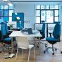 RH Logic 400 High Back Ergonomic Office Chair - royal blue, lifestyle shot, with armrests, neckrest and polished aluminium base