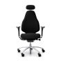RH Mereo 220 Silver Frame Ergonomic Office Chair - black, front view, with armrests & neckrest, and silver base