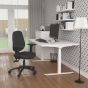 JOSHO Homeworker Electric Sit-Stand Desk - lifestyle shot - white desk and frame, side angle view, showing seated position