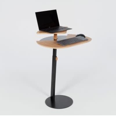 Otto Laptop Table (Oak Top, Black Base) - shown with a laptop and separate keyboard and mouse