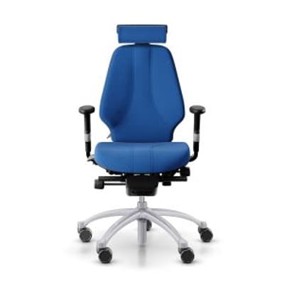 RH Logic 300 Medium Back Ergonomic Office Chair - royal blue, front view, with armrests & neckrest, and silver aluminium base