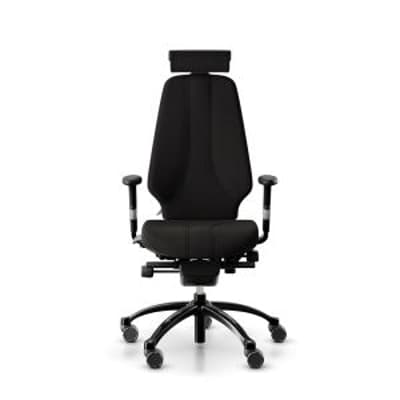 RH Logic 400 High Back Ergonomic Office Chair - black, front view, with armrests & neckrest, and silver aluminium base