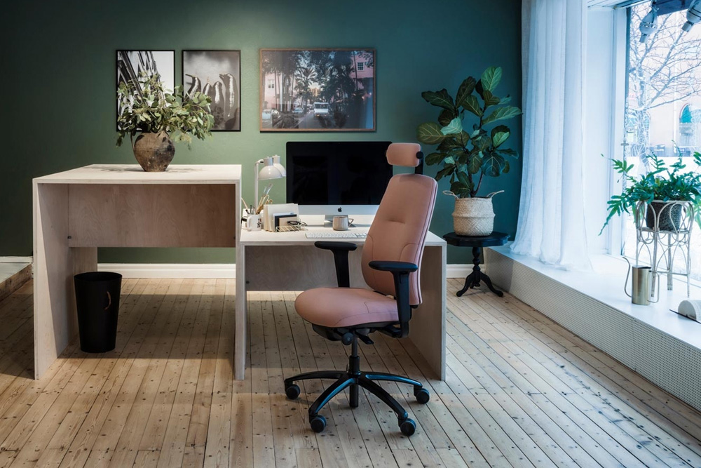 RH New Logic 220 High Back Salmon Pink Office Chair - lifestyle shot, shown in a home office environment