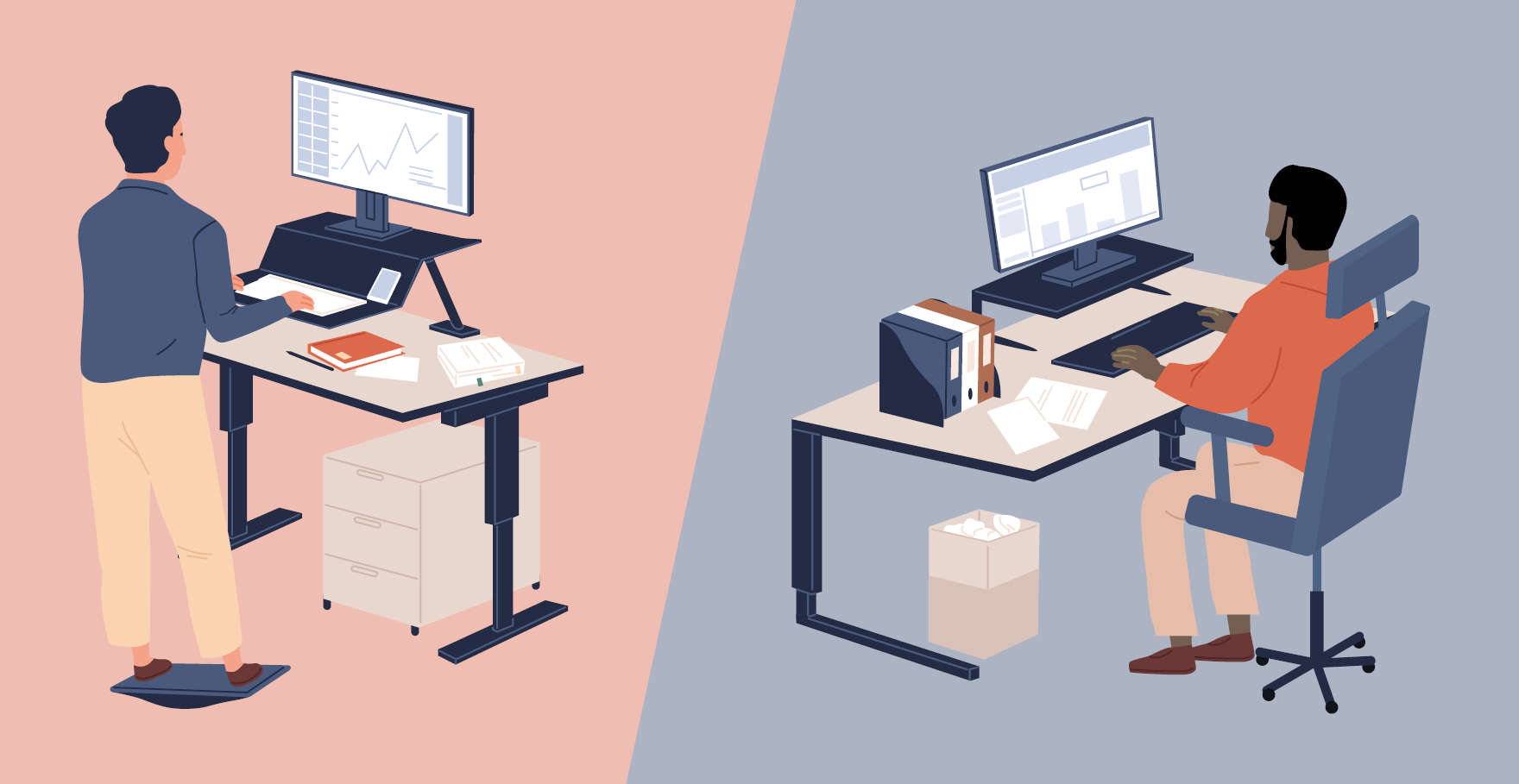 Illustration showing someone using a sit-stand desk versus someone using a fixed height desk
