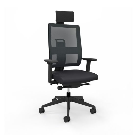 Toleo Mesh Back Black Office Chair - front view with armrests, headrest and black mesh back