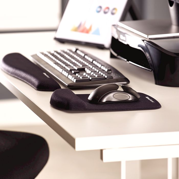 PlushTouch™ Mouse Pad Palm Support - Black - lifestyle shot, shown alongside the PlushTouch™ Keyboard Wrist Support