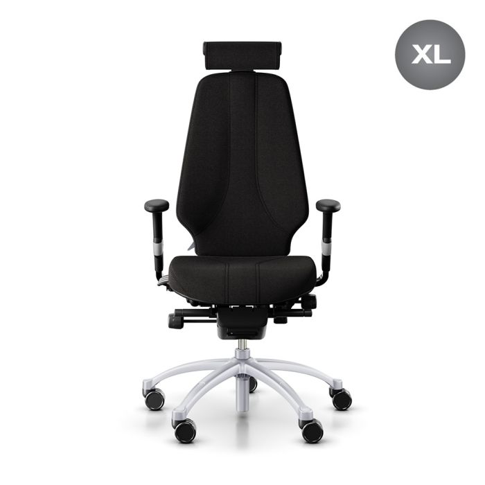 RH Logic 400 High Back Ergonomic Office Chair - black, front view, with armrests & neckrest, and silver aluminium base