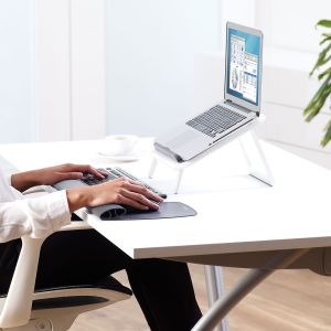 I-Spire Series™ Laptop Quick Lift Stand - White - lifestyle shot, with laptop, mouse and keyboard