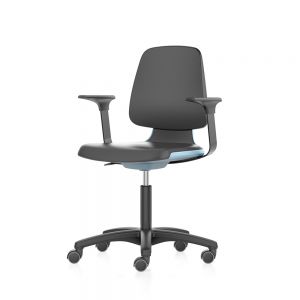 Bimos Labsit - Standard Height (450-650 mm), Castors - front angle view, with armrests and blue shell finish