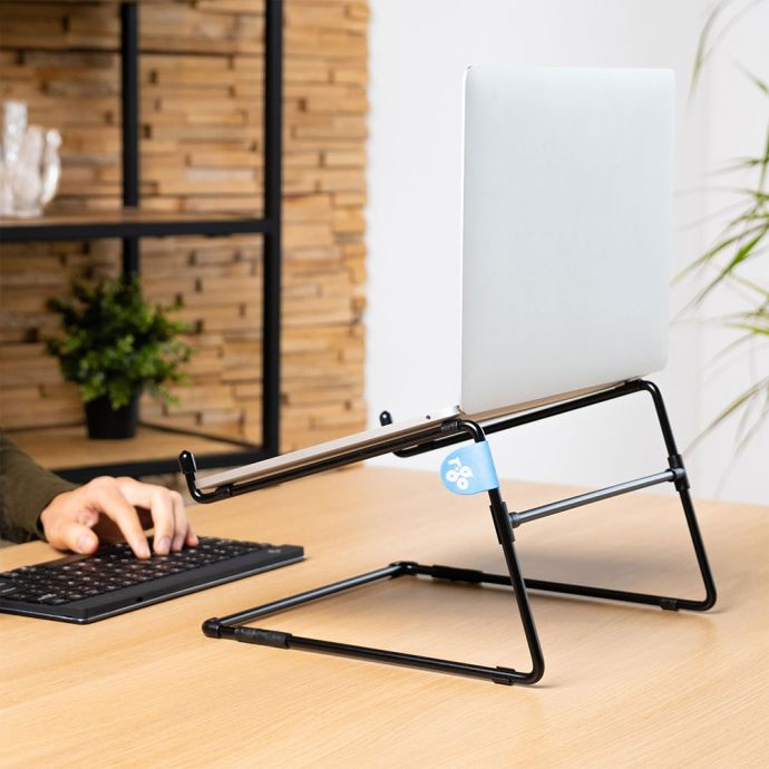 R-Go Steel Office Laptop Stand - lifestyle shot with laptop, separate keyboard and mouse