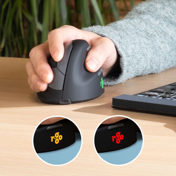 R-Go HE Break Vertical Mouse - showing built-in LED break indicator  (green = working healthily, orange = take a break, red = skipped a break)