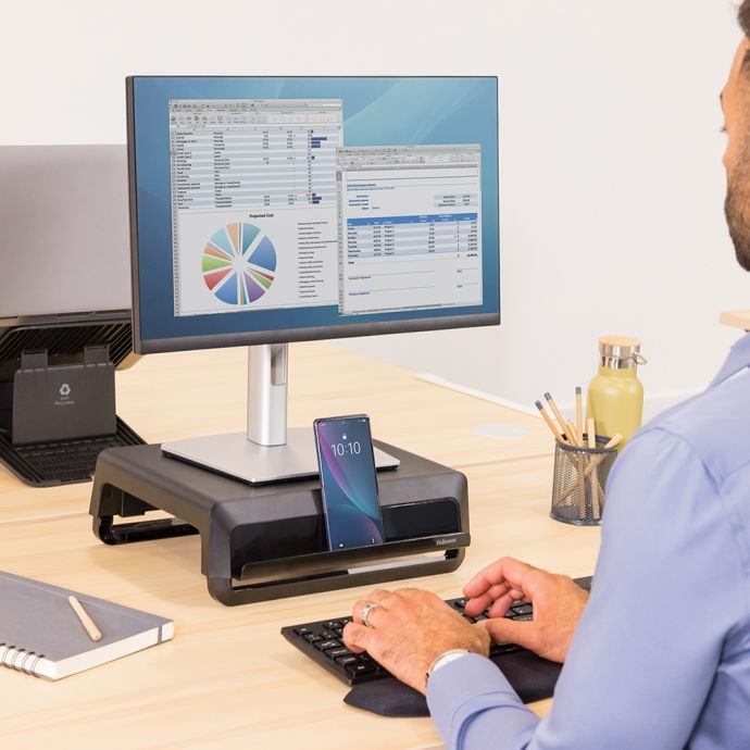 Breyta™ Monitor Riser - black, lifestyle shot, shown in use with a monitor