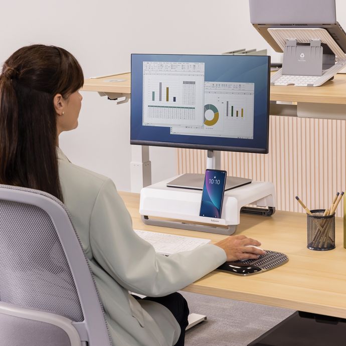 Breyta™ Monitor Riser - white, lifestyle shot, shown in use with a monitor