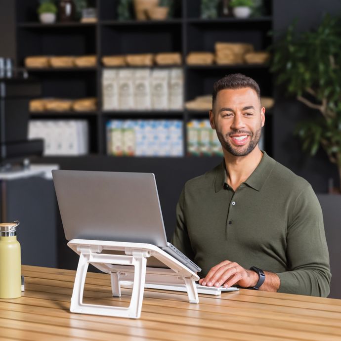 I-Spire Series™ Laptop Quick Lift Stand - White - lifestyle shot, with laptop, mouse and keyboard