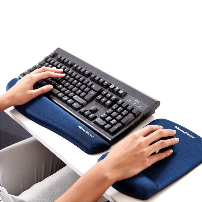 PlushTouch™ Mouse Pad Palm Support - Blue - lifestyle shot, shown alongside the PlushTouch™ Keyboard Wrist Support