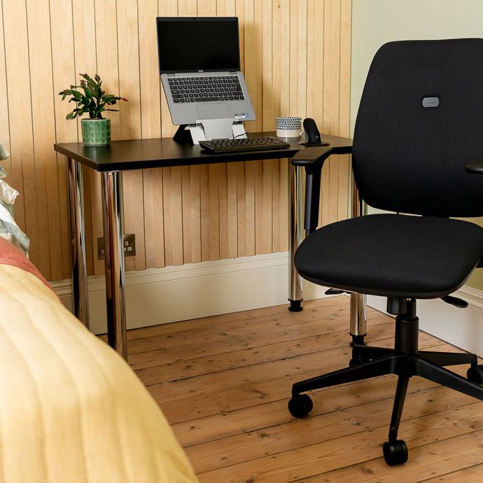 Positiv Homeworker Desk (Screw In Legs) - Black - lifestyle shot, shown with an ergonomic chair
