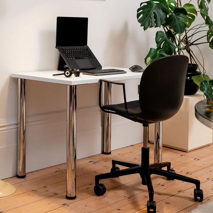 Positiv Homeworker Desk (Screw In Legs) - White - lifestyle shot, shown with an ergonomic chair