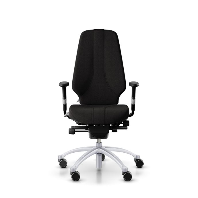 RH Logic 400 High Back Ergonomic Office Chair - black, front view, with armrests and silver aluminium base