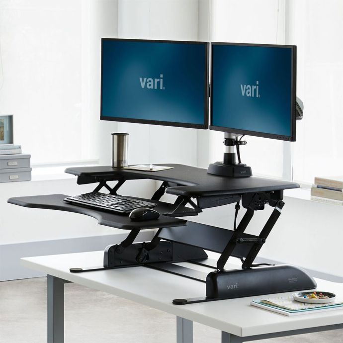VariDesk® Pro Plus™ 36 - Dual Monitor - Black - lifestyle shot, showing raised