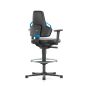 Bimos Nexxit - Draughtsman (570-820 mm), Permanent Contact Back, Footring, Glides - back angle view, with armrests and blue handles
