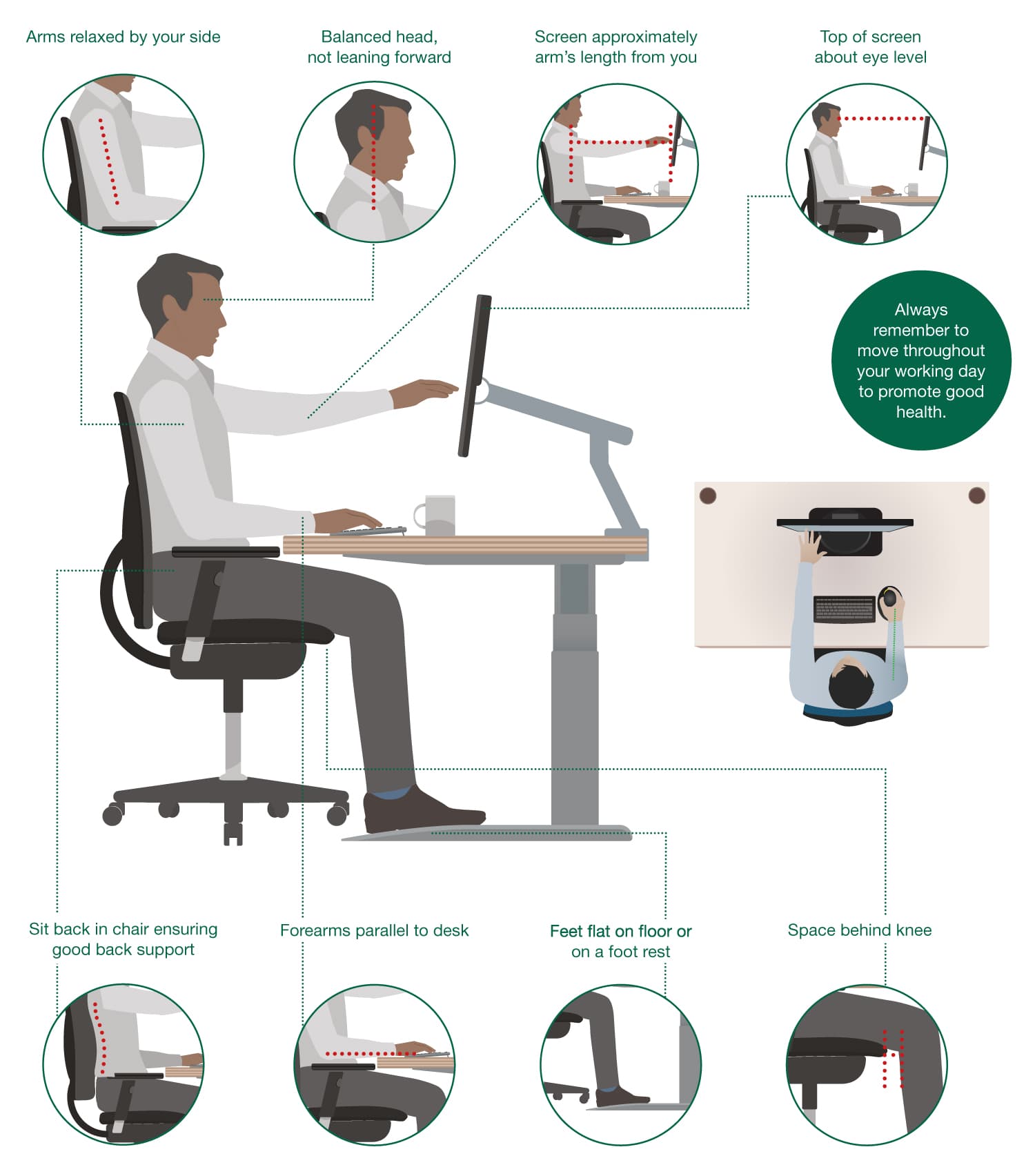 Arms relaxed by your side. Balanced head, not leaning forward. Screen approximately arm's length from you. Top fo screen about eye level. Sit back in chair ensuring good back support. Forearms parallel to desk. Feet flat on floor or on a foot rest. Space behind knee.