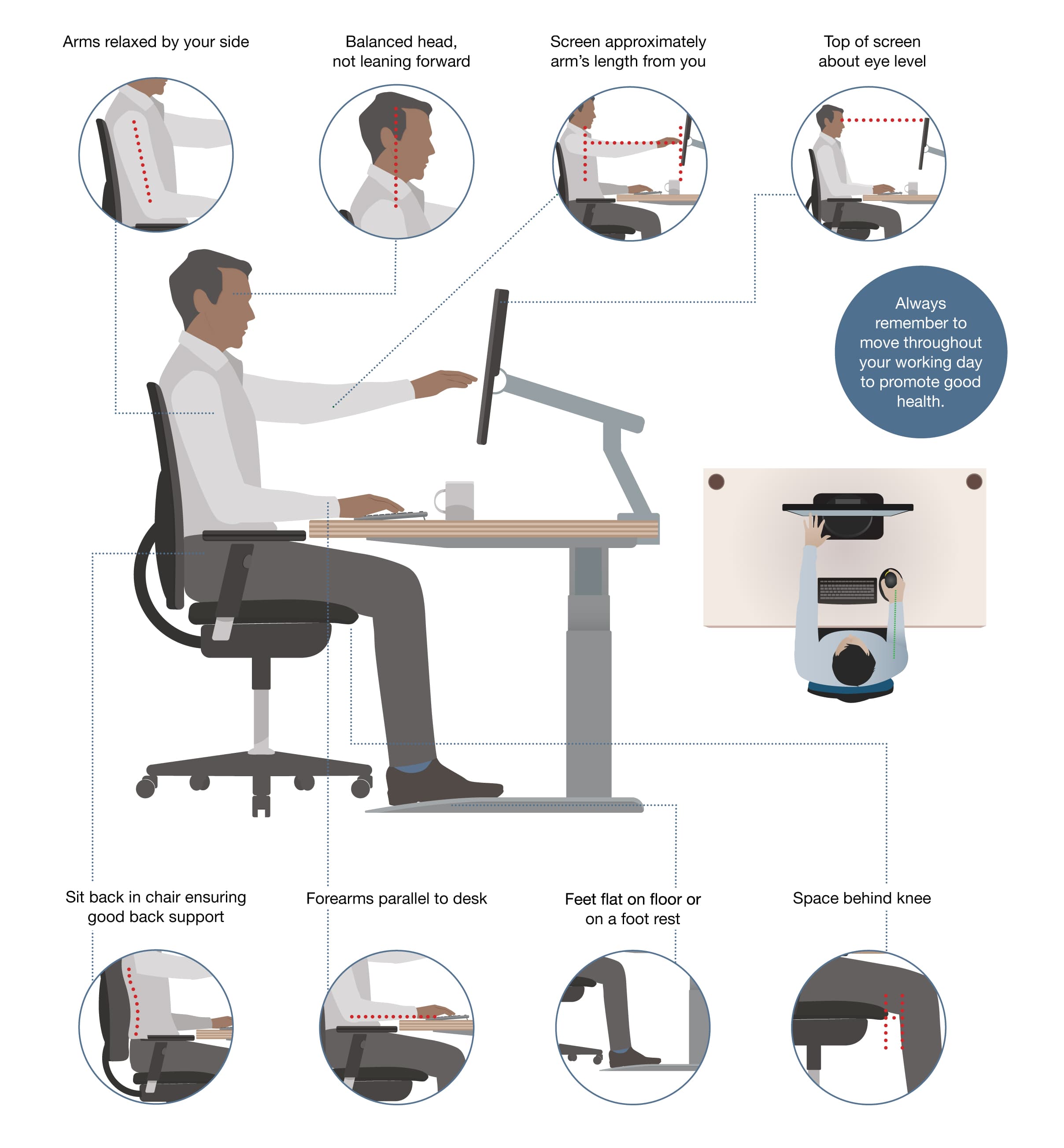 Arms relaxed by your side. Balanced head, not leaning forward. Screen approximately arm's length from you. Top fo screen about eye level. Sit back in chair ensuring good back support. Forearms parallel to desk. Feet flat on floor or on a foot rest. Space behind knee.