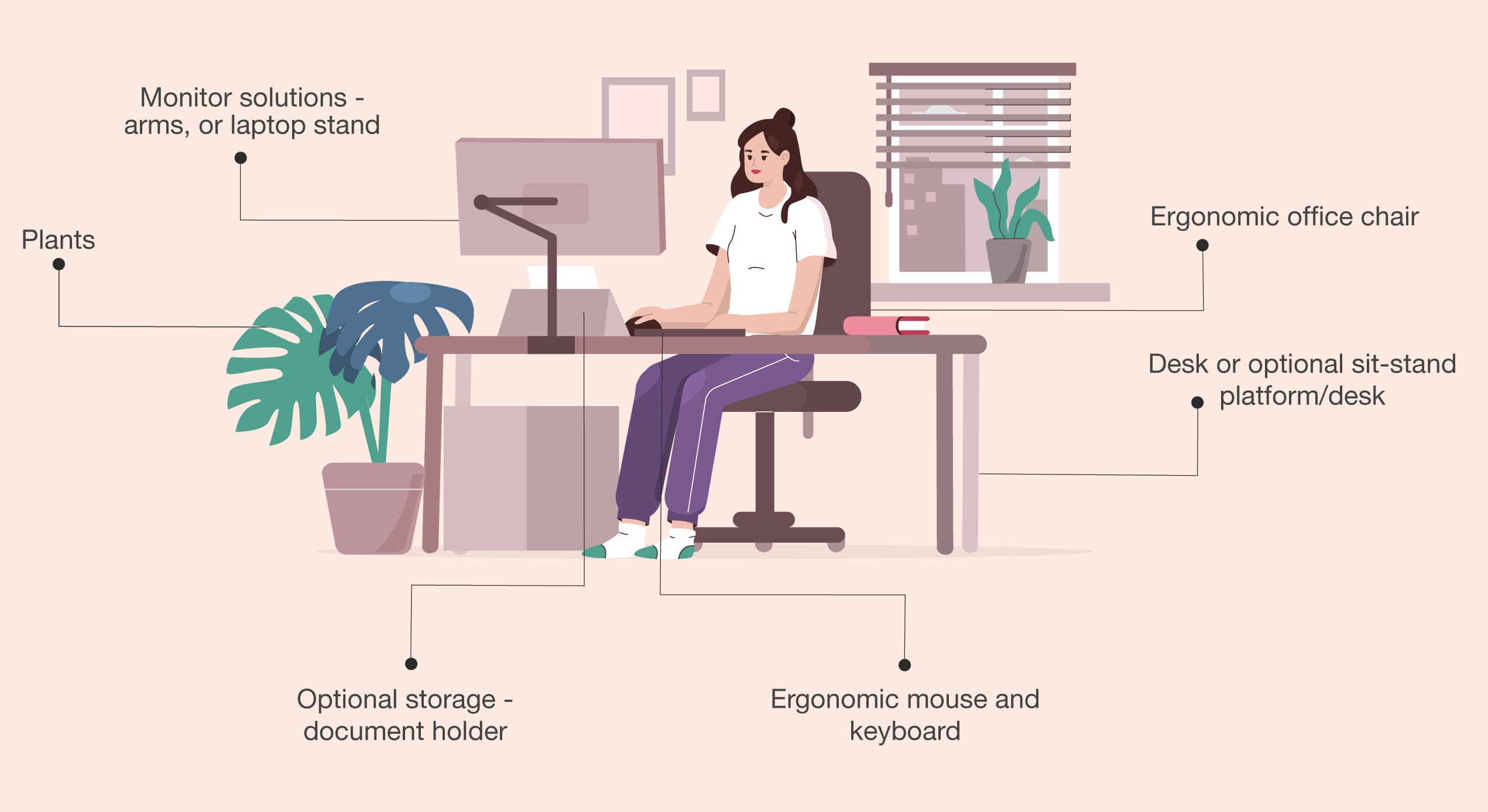 Monitor solutions (arms, or laptop stand), ergonomic office chair, desk or optional sit-stand platform/desk, ergonomic mouse and keyboard, optional storage (document holder), plants.
