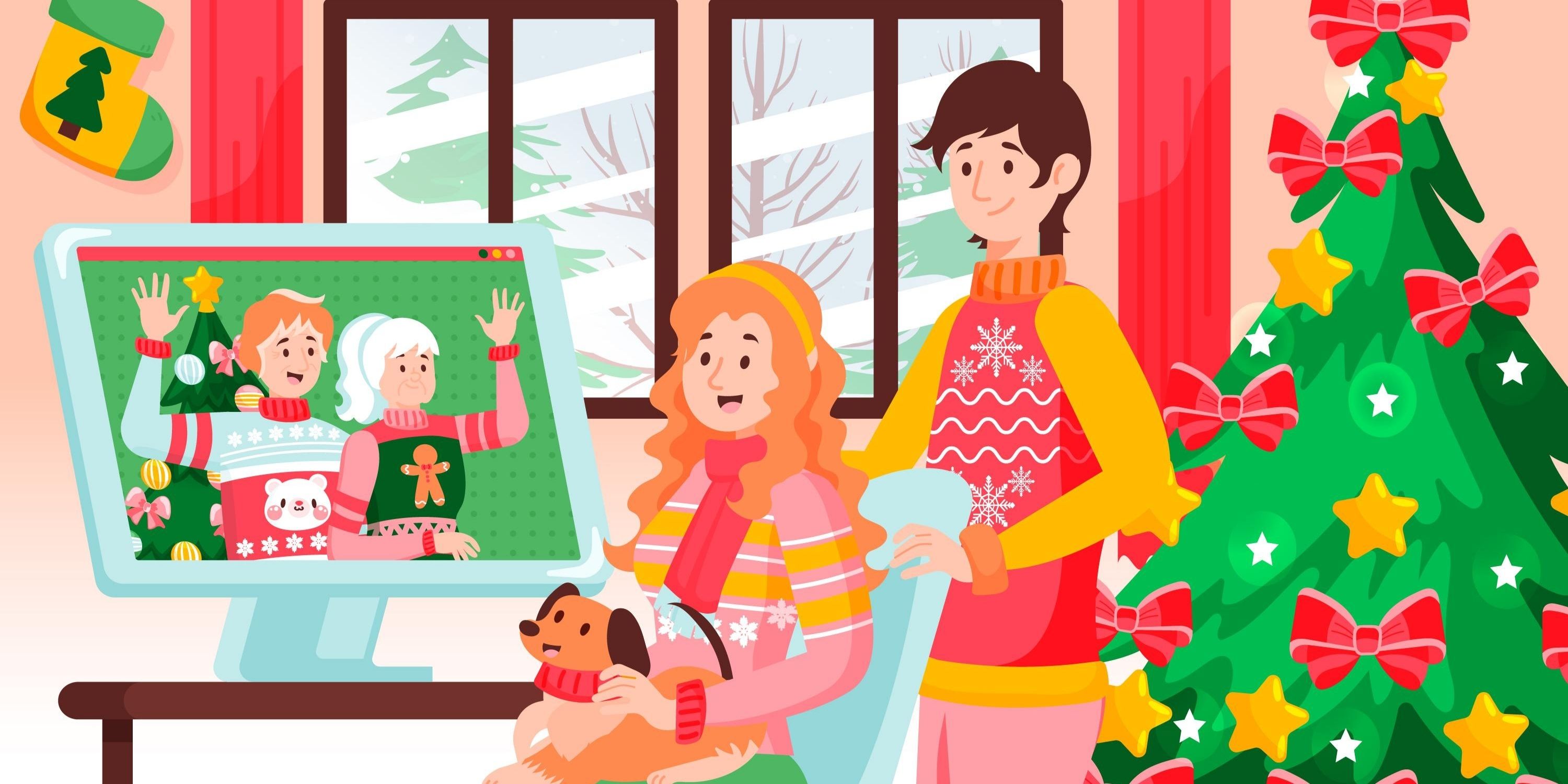 Christmas llustration of a family at home talking to their grandparents on a monitor screen