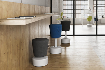 Image of a row of Profim Pouffes at different heights close to a hot-desking seating area