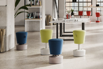 Image of a corporate stylish office environment with a large amount of the Profim Pouffes in the area - great for hot-desking / impromptu meeting and visitors