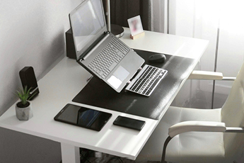 Image of workstation set-up at home office using the Josho Electric Sit-Stand Desk