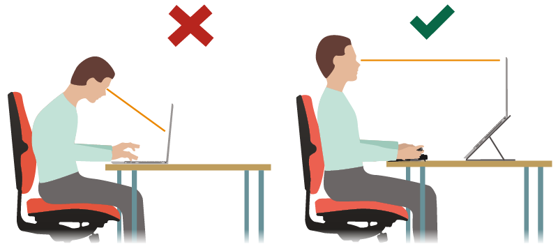Image of illustration of same man - one doesn't have a laptop stand and can cause back pain. The other using a laptop stand and isn't hunched over 