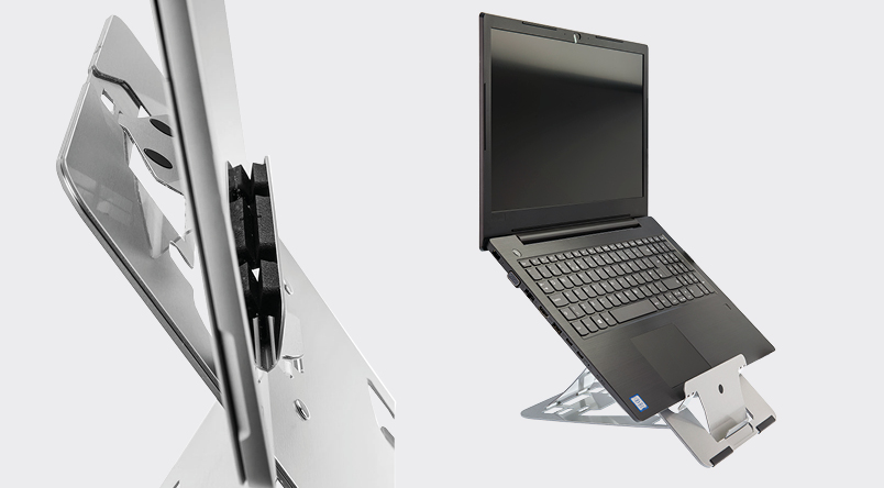 Image showcasing a close up of the tablet / laptop stand and with it also being used by laptop