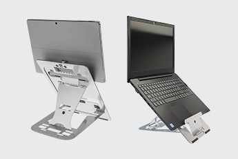 Image of the Vision Laptop / Tablet stand being used with front and back angles of the stand and being used by tablet and laptop 