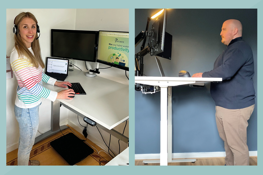 Two people working from home using a standing desk