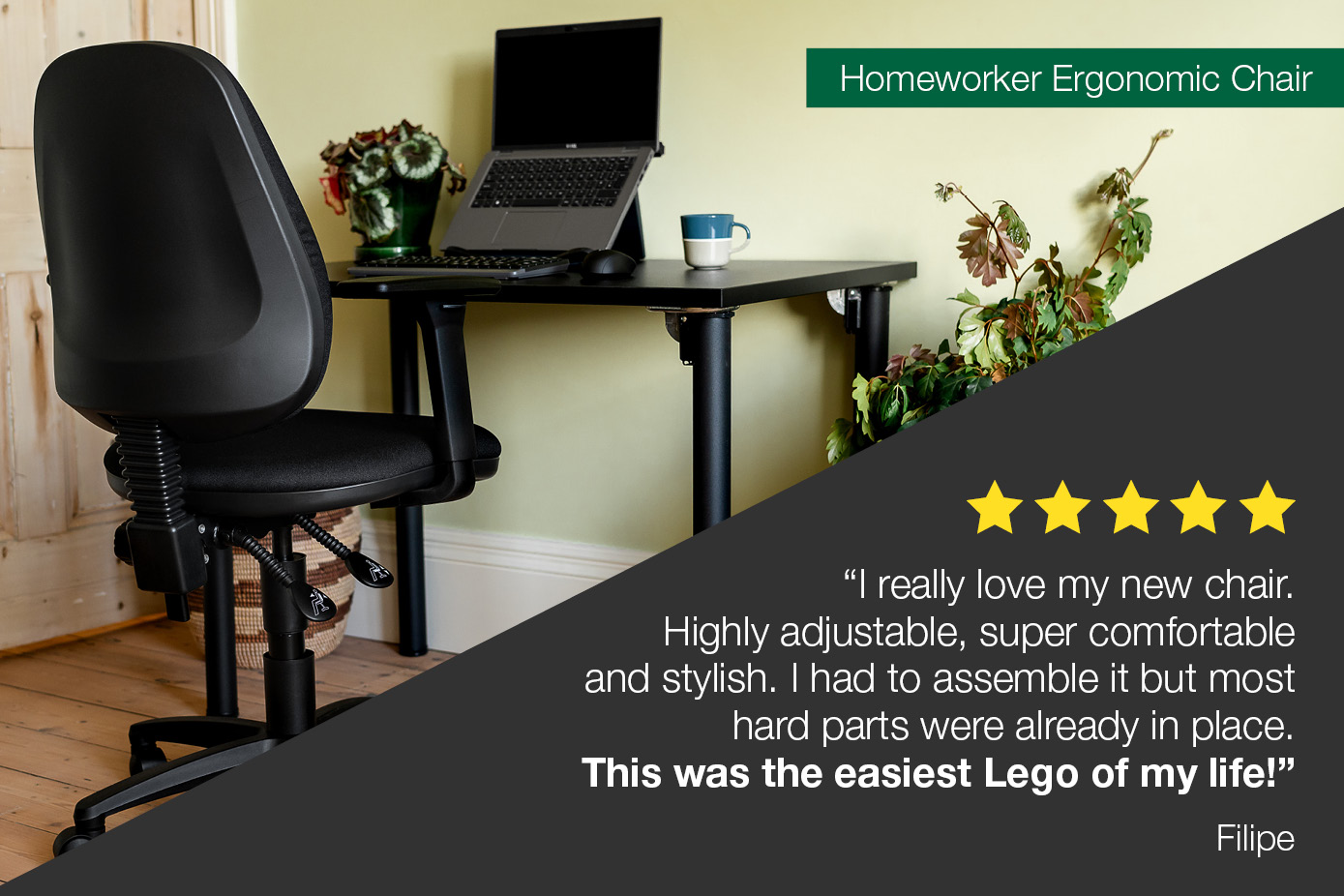 One 5-star review from Filipe states: I really love my new chair. Highly adjustable, super comfortable and stylish. I had to assemble it but most hard parts were already in place. This was the easiest Lego of my life!