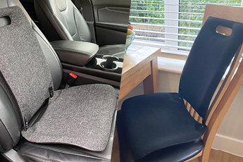 Lifestyle images of the anthracite and black MEDesign Backfriend's, shown on a car seat and dining room chair respectively