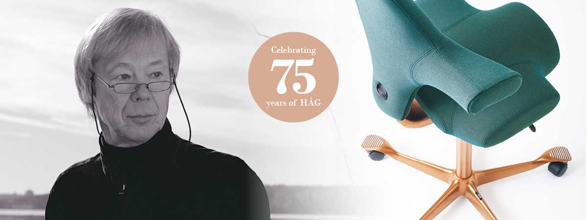  Peter Opsvik with the HAG Capisco chair he designed, and a stamp reading '75 years of HAG'