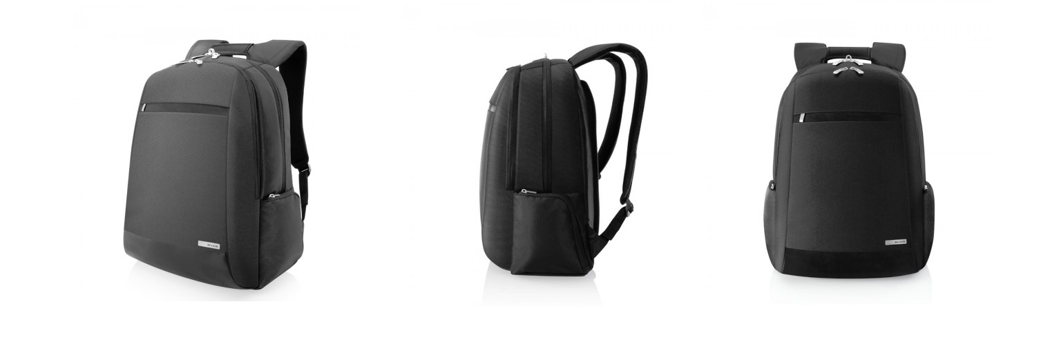 Front angle, side and front views of the Belkin Suit Line Backpack